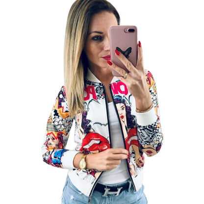 The Girl's Bomber - Women's Bomber Zipper Jacket With Digital Head Print On It