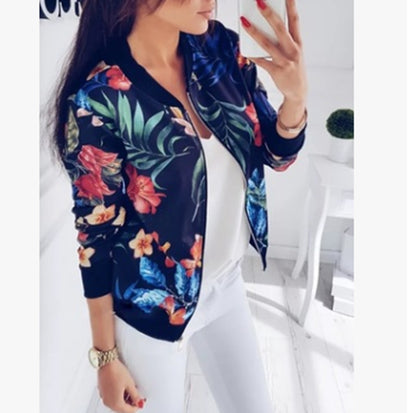 Fashion Printed Round Neck Zipper Long Sleeve Coat