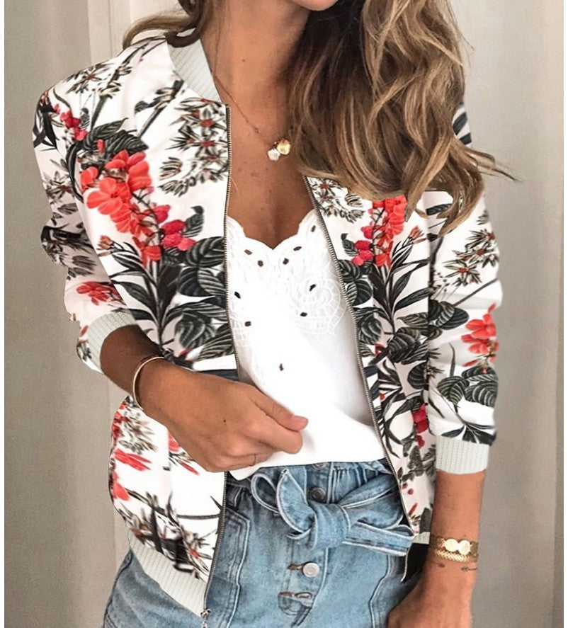 Fashion Printed Round Neck Zipper Long Sleeve Coat