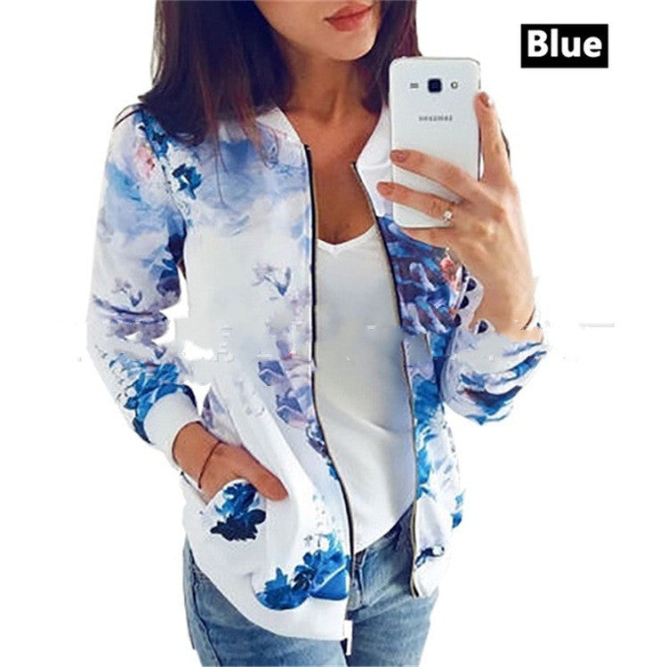 Fashion Printed Round Neck Zipper Long Sleeve Coat