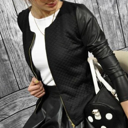 Female Outwear PU Leather Patchwork Spring Autumn Plaid Women Thin Coats Short Jackets Casual Slim Blazers Suit Cardigans