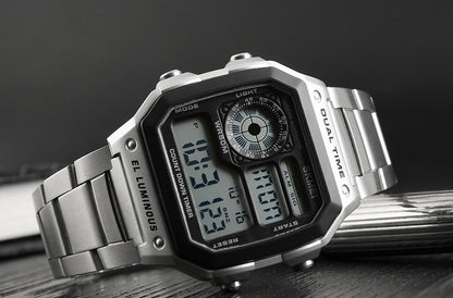 Classic steel belt electronic double display multi-function watch