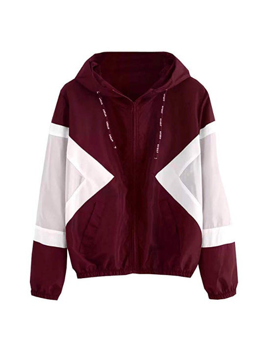 Women's Color Block Elastic Band Waist Hooded Jacket