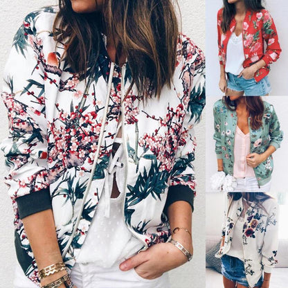 Fashion Printed Round Neck Zipper Long Sleeve Coat