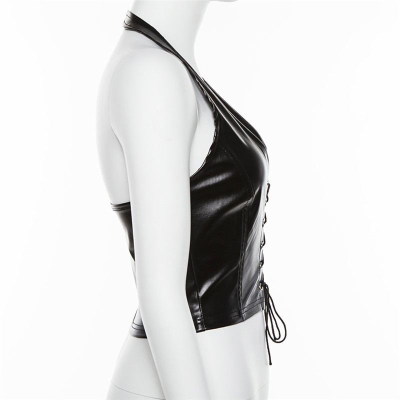 Hollow-out crop PU small vest female