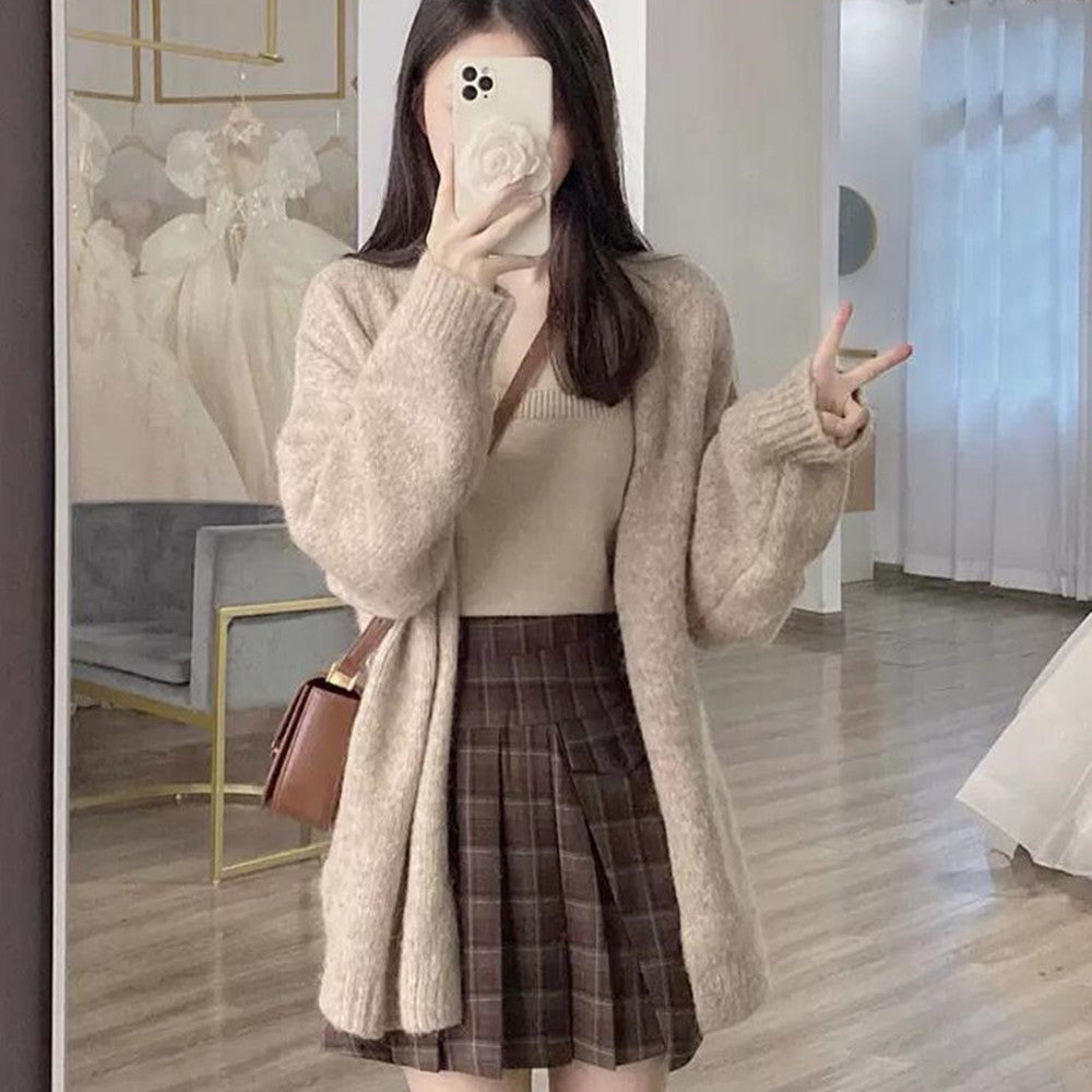 Ladies Lazy Knitted Cardigan Coat Plaid