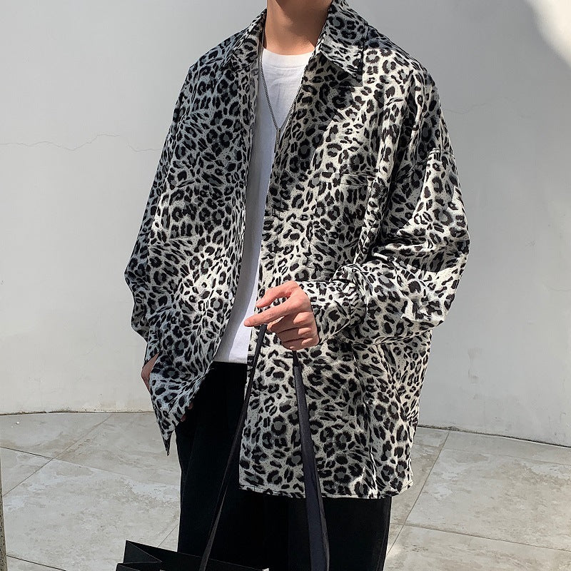 Korean Style Leopard Print Cardigan  Retro Couple Loose Lapel Shirt Jacket