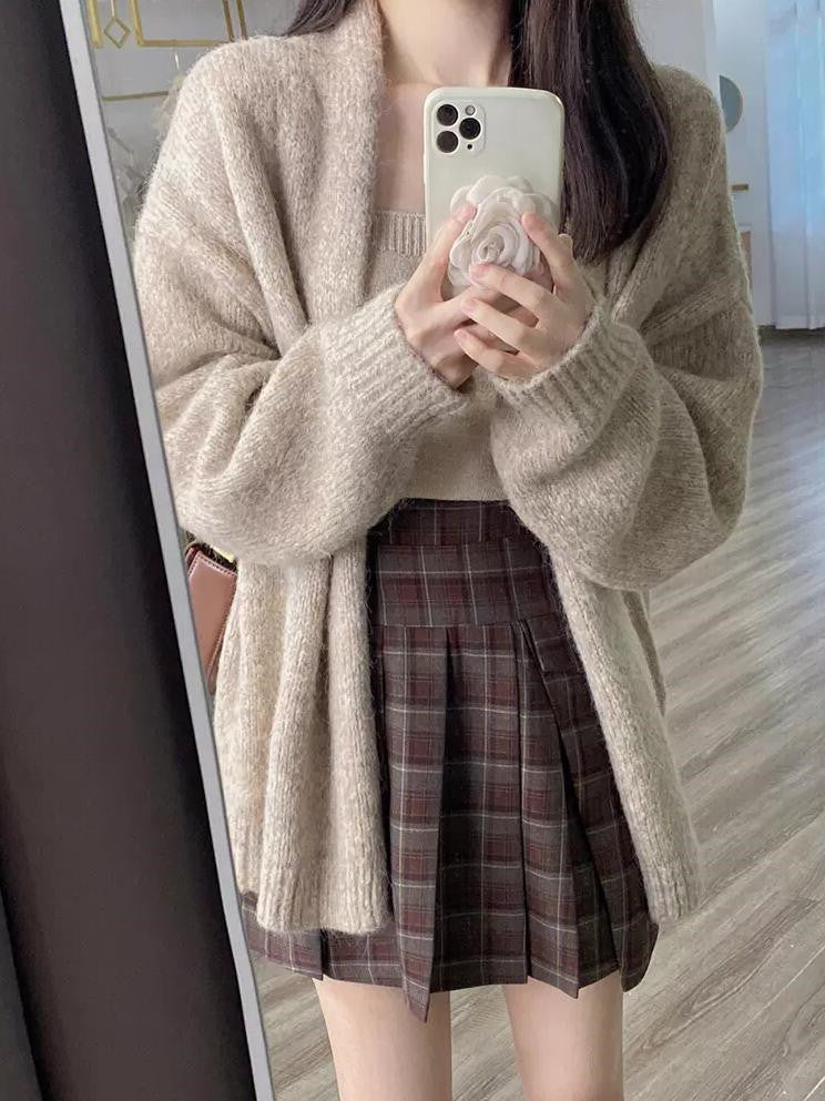 Ladies Lazy Knitted Cardigan Coat Plaid